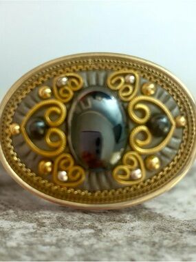 Vintage Michal Golan Gold Filigree Oval Hematite Center Statement Brooch 1.75"